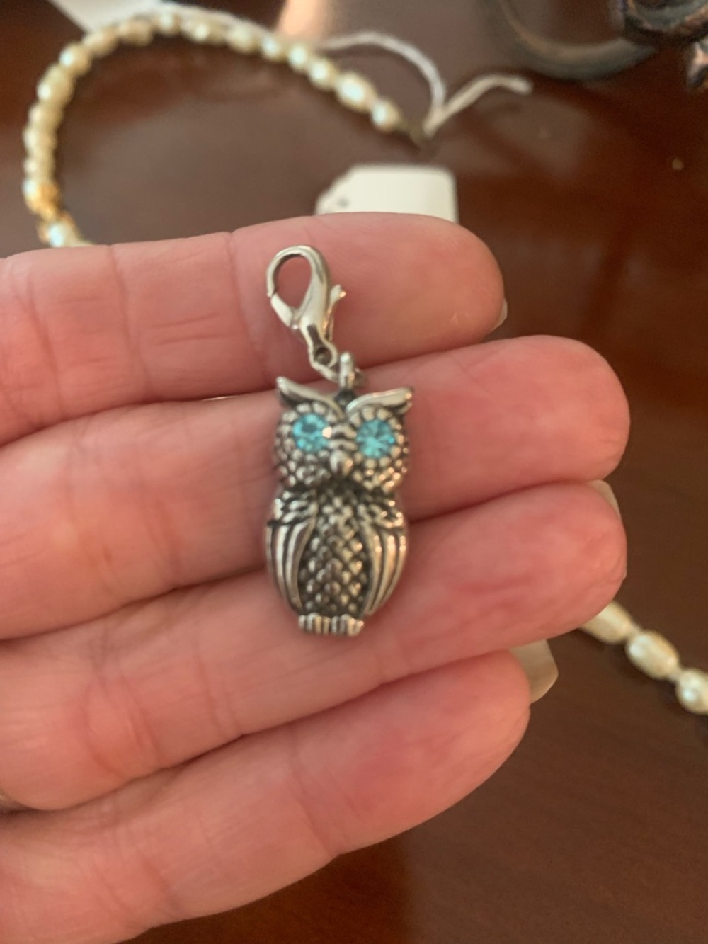 Silver Owl Charm with Blue Crystal Eyes - Women's Jewelry